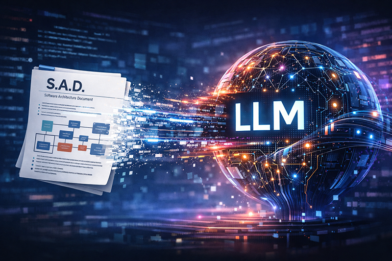 A Software Architecture Document dissolving into digital particles feeding into an LLM globe â€” the SAD becomes the prompt